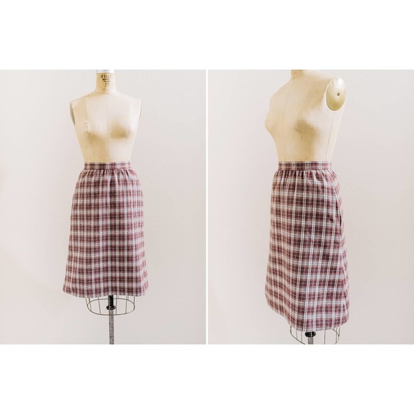 Vintage 70s preppy academia burgundy plaid wool skirt, a-line, pockets! XS XXS​ - Picture 1 of 10